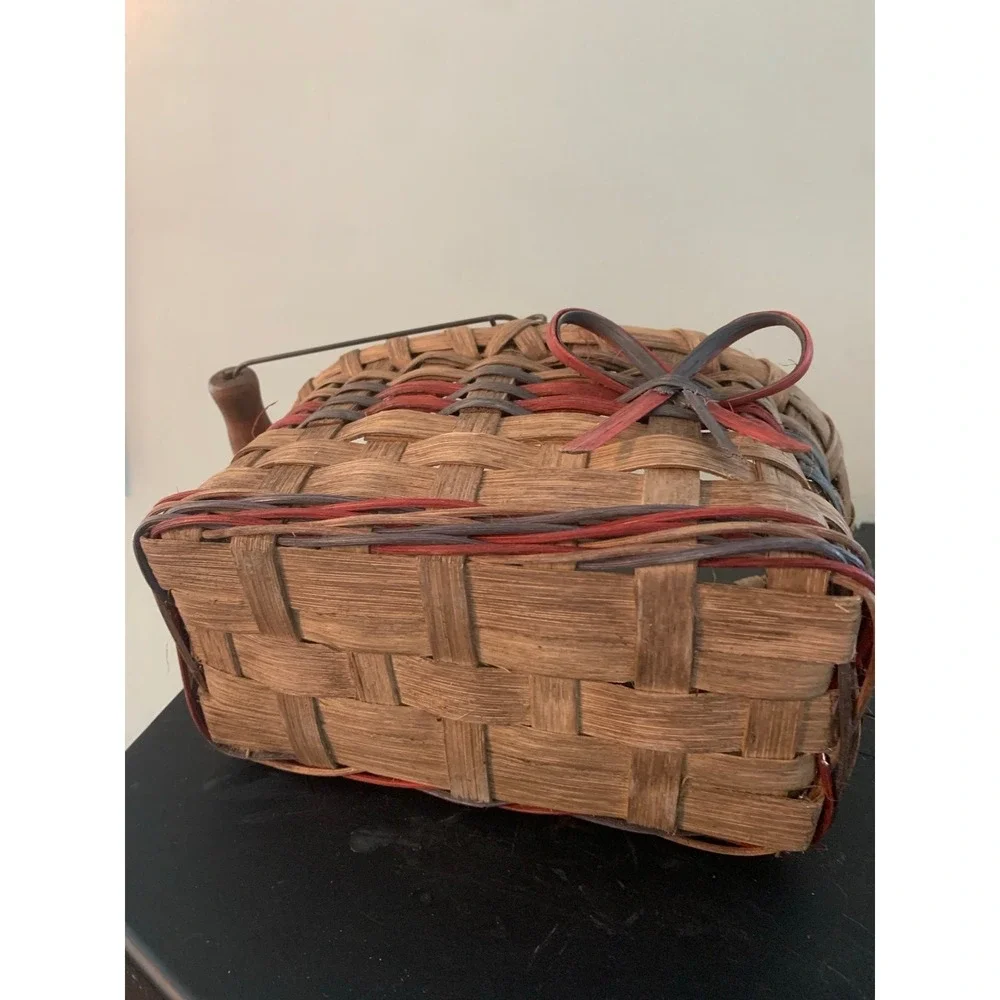 Vintage Mini Woven Basket Wire Handle Wooden Grip Country Decor Bow